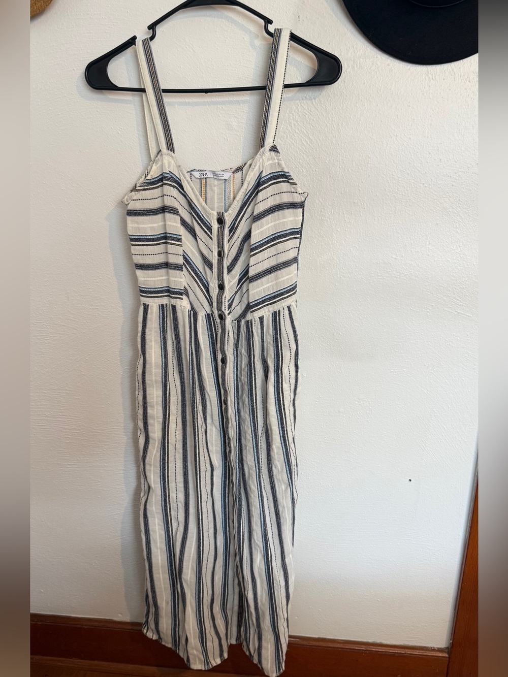 Zara Cotton Striped Button-Front Dress with Blue and Yellow Accents